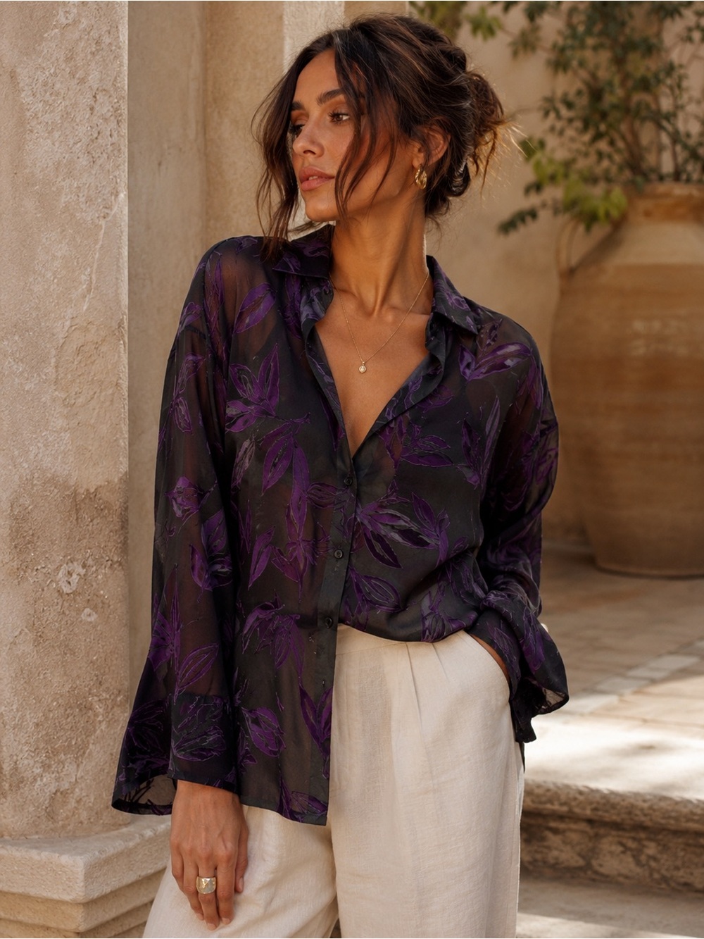 52. Sheer Black & Purple Floral Button-Down Blouse - Women